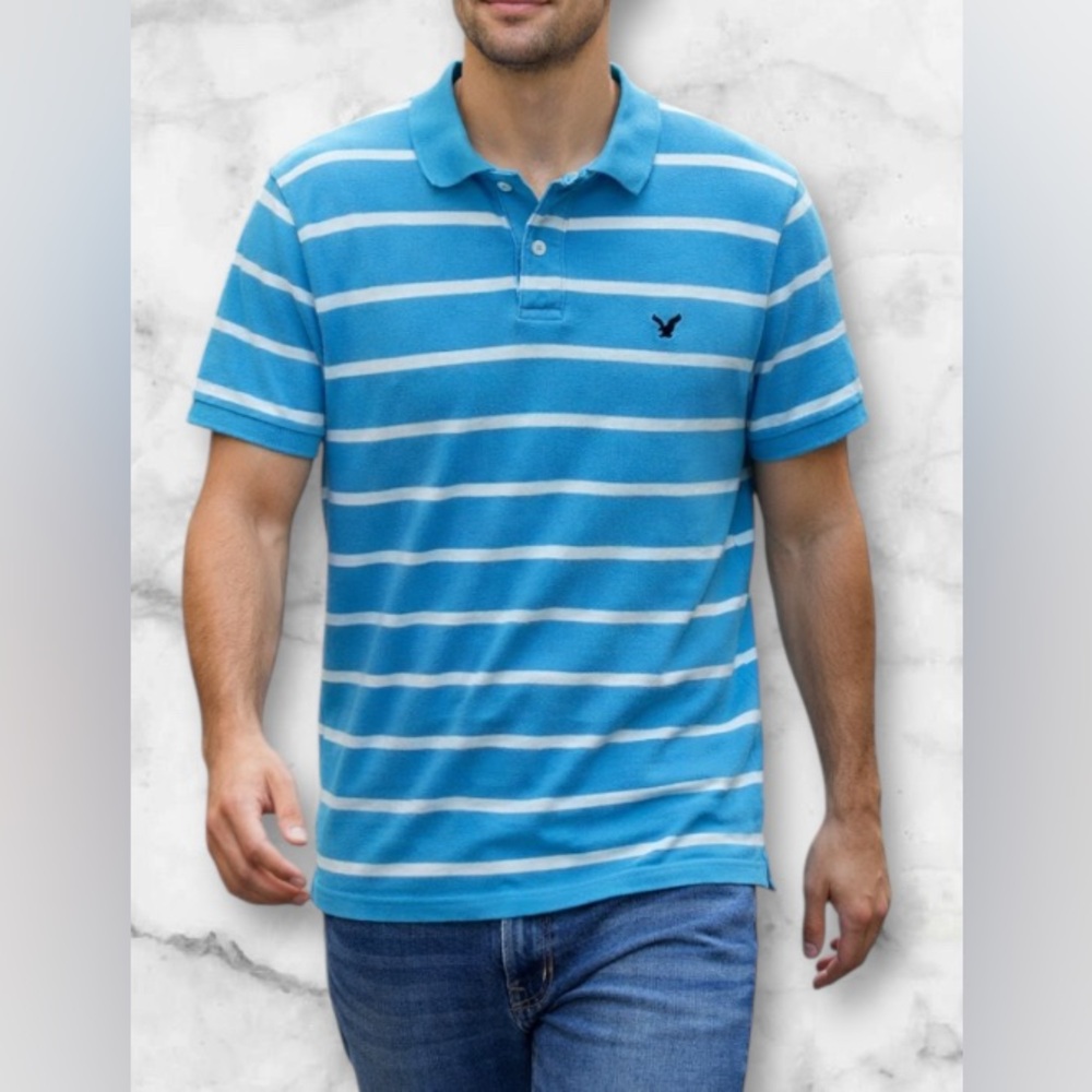 American Eagle Outfitters Blue White Striped Polo Shirt Athletic Fit Size XL